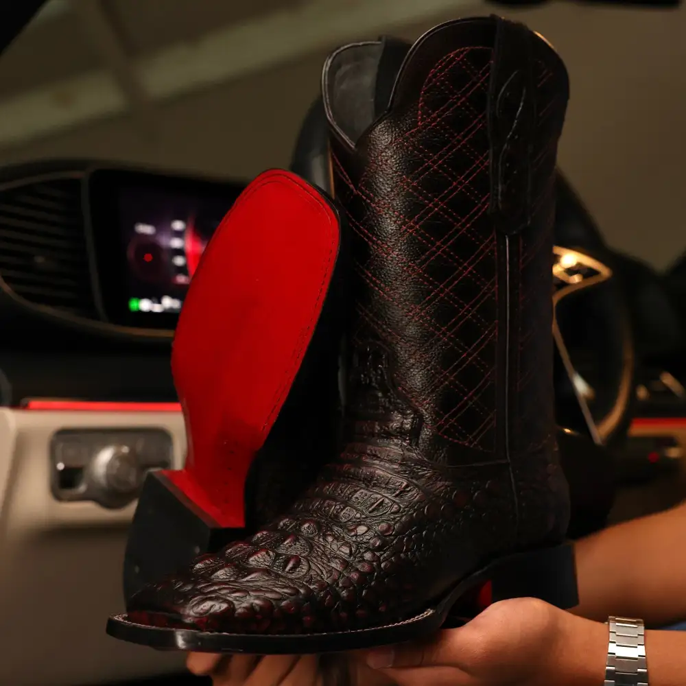 Black Cherry Caiman Neck Leather Boots - Square Toe