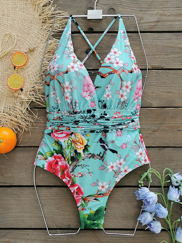 Floral Printed Deep-V-Neck Bandage One-Piece Swimwear