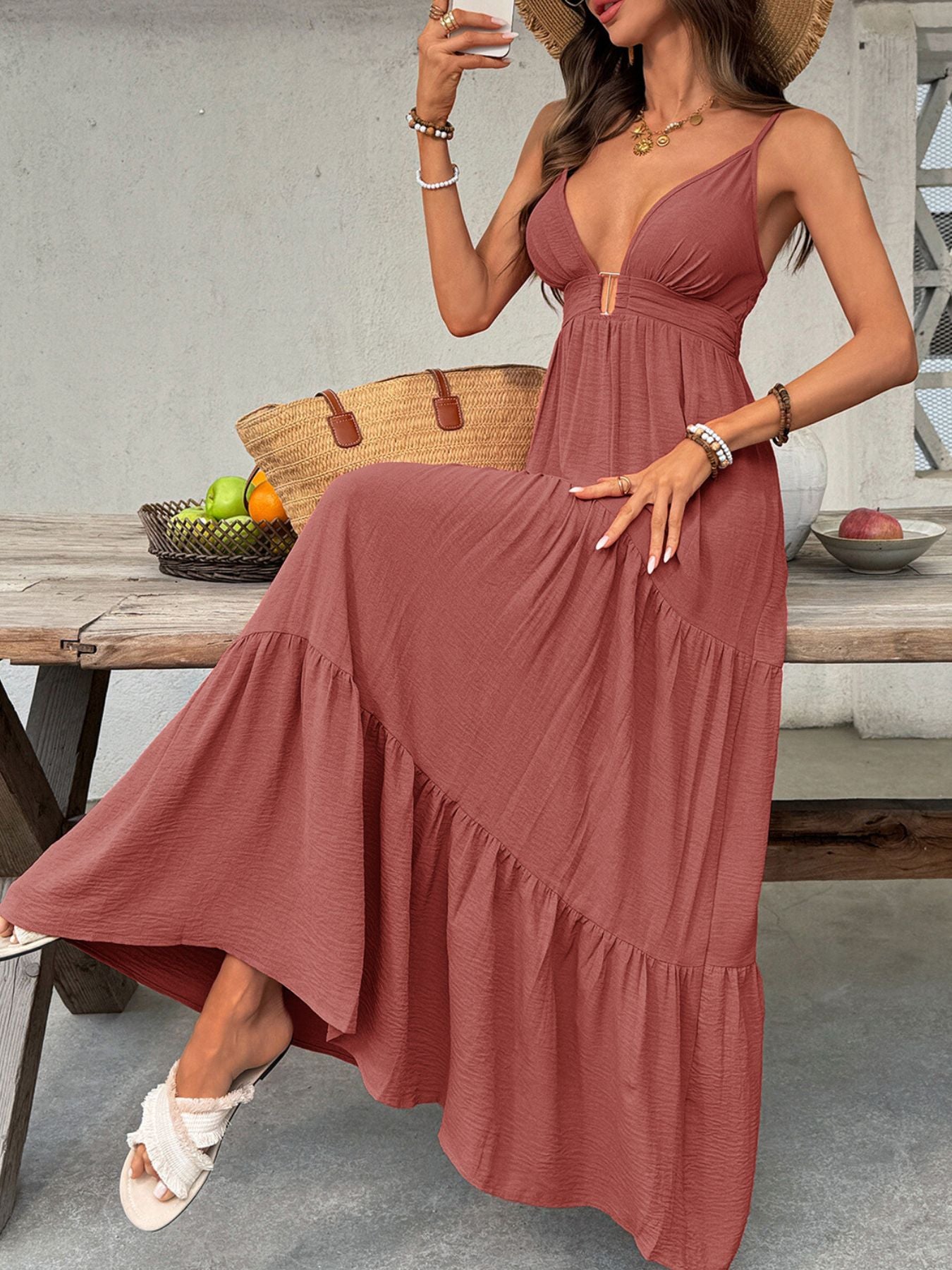 Deep V-Neck Tiered Maxi Dress