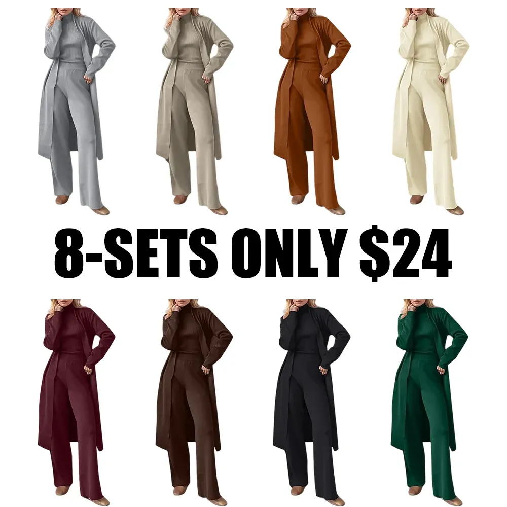 Three-Piece Set - Knit Turtleneck Tank & Wide Leg Pants With Long Cardigan