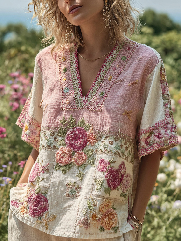Women's Bohemian Contrast Patchwork Floral V-neck T-shirt