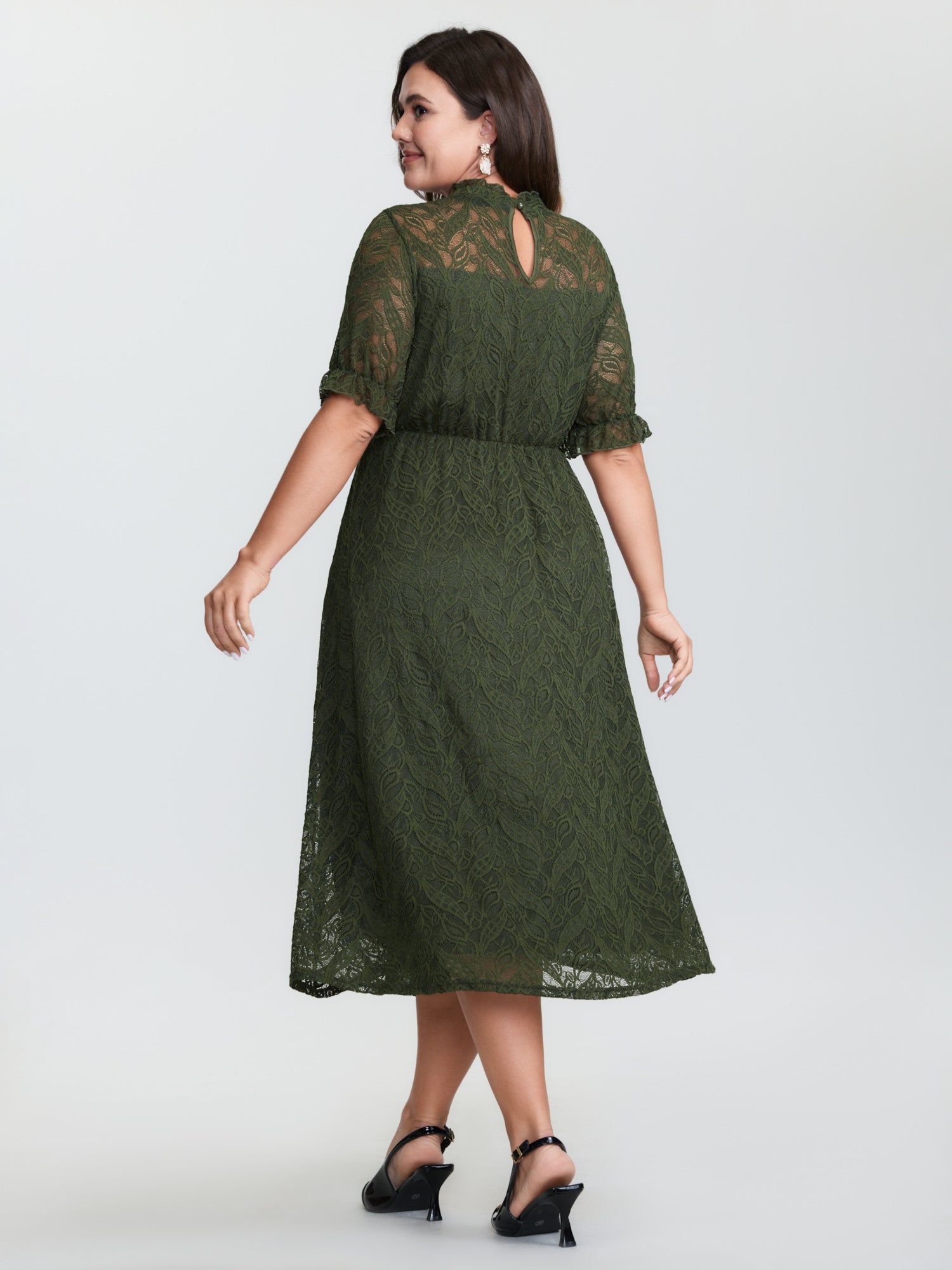 Mock Neck Lace Pockets Midi Dress