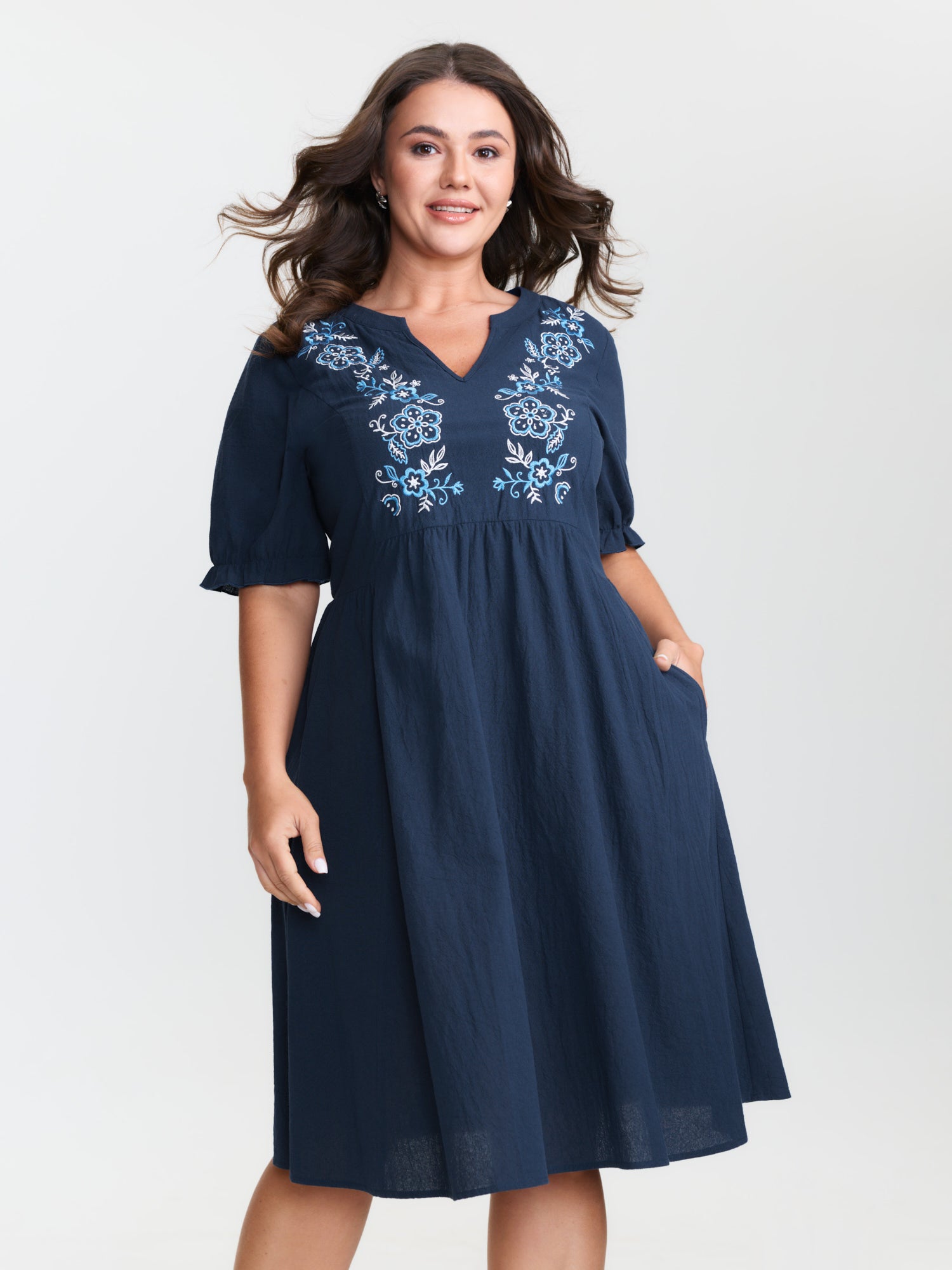 Cotton Floral Embroidery Notched Collar Mini Dress