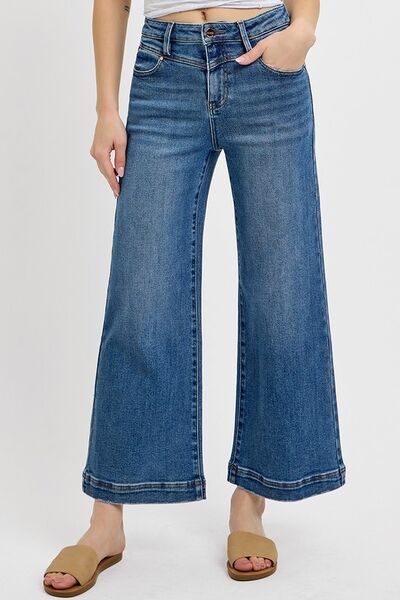 Full Size High Rise Crop Wide Leg Front Yoke Detail Jeans