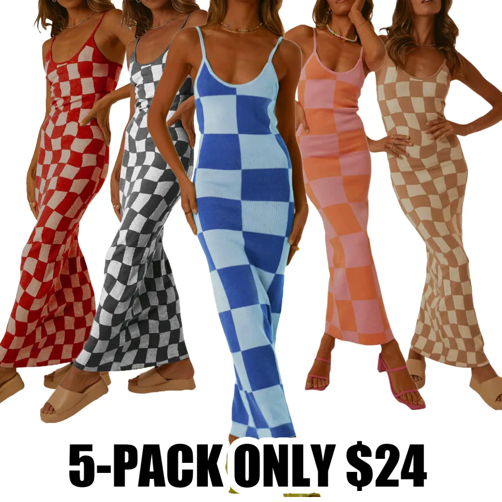Women's Summer Long Cocktail Dress SleevelessCheckerboard Print Spaghetti Strap Dress