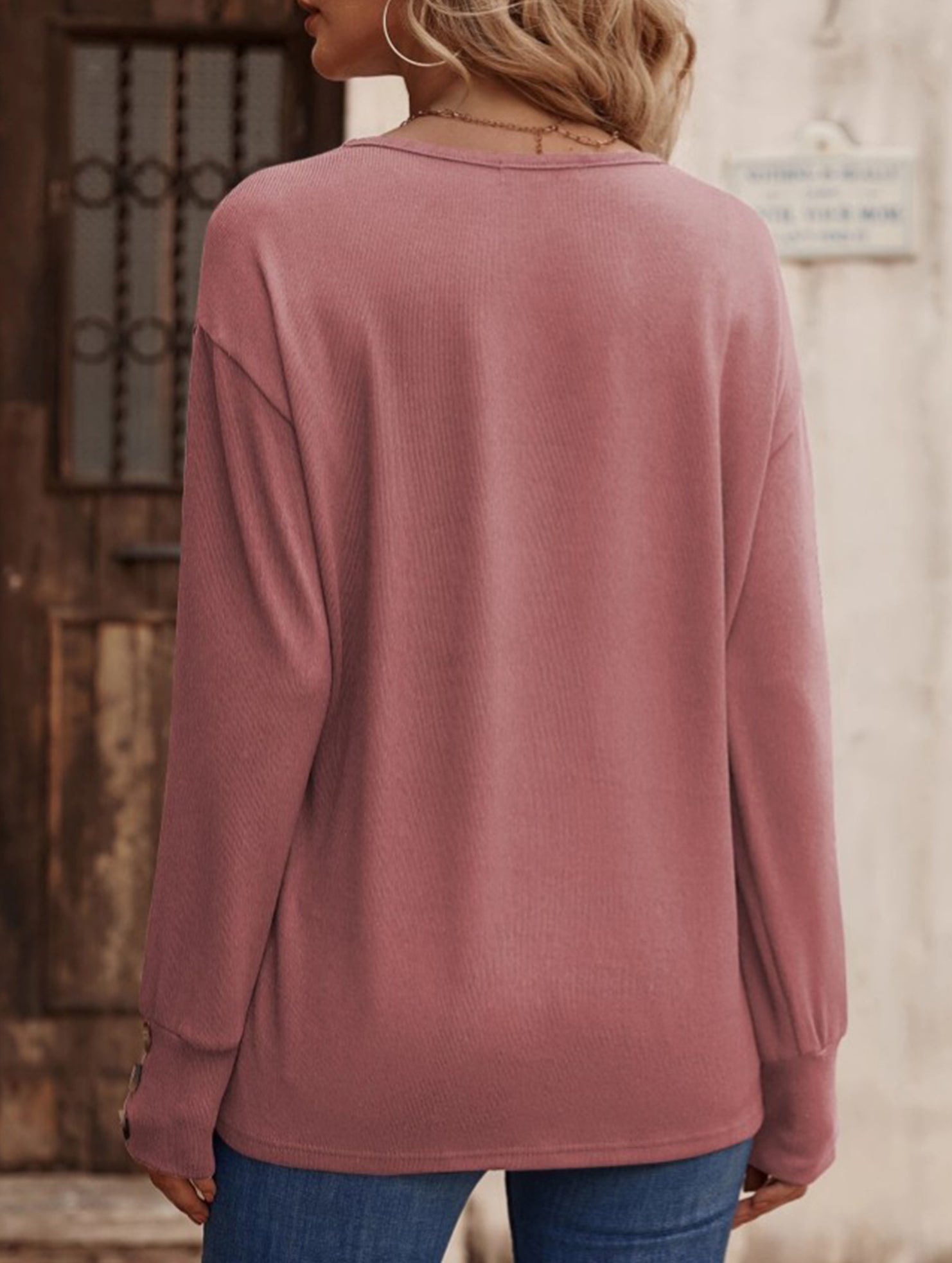 Solid V Neck Button Loose Long Sleeve Tee_CWTTL01231