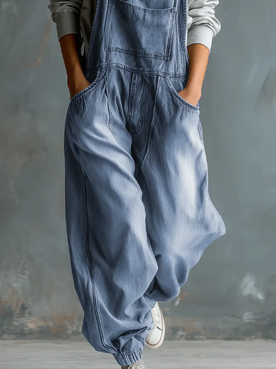 Women's Solid Color Art Casual Denim Jumpsuit