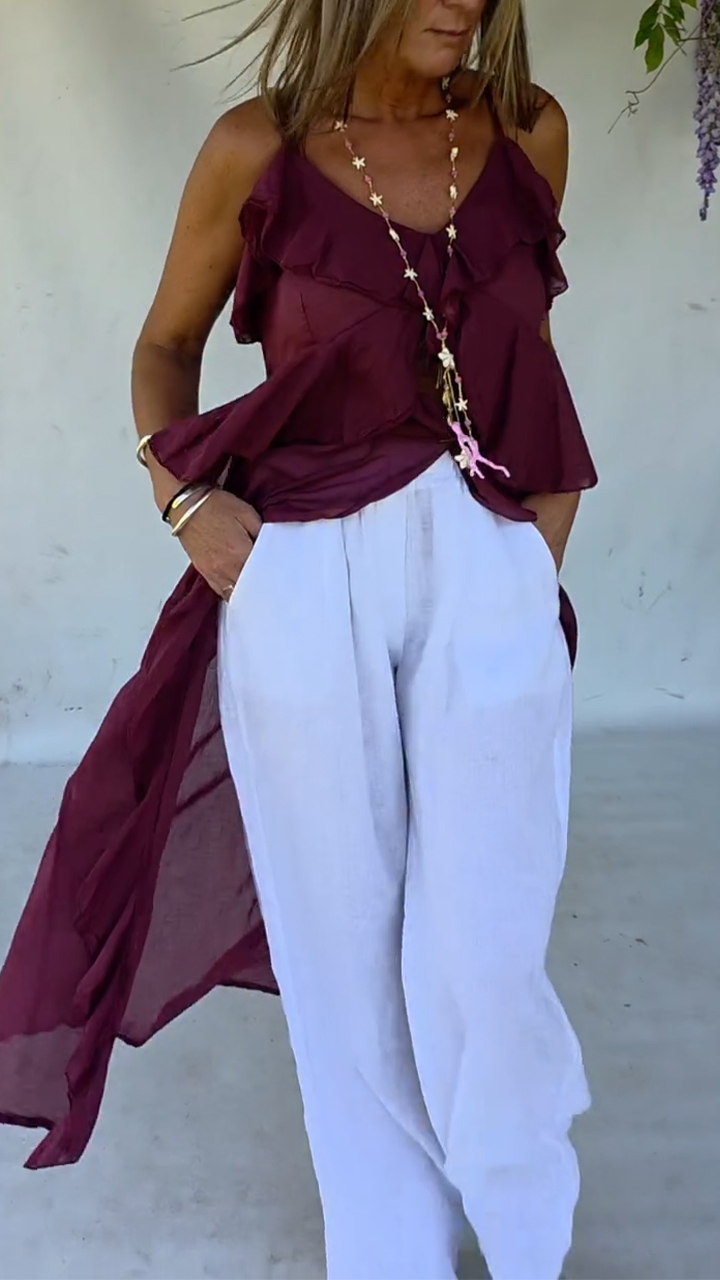 Women Spaghetti Strap Patchwork Casual Irregular Long Top