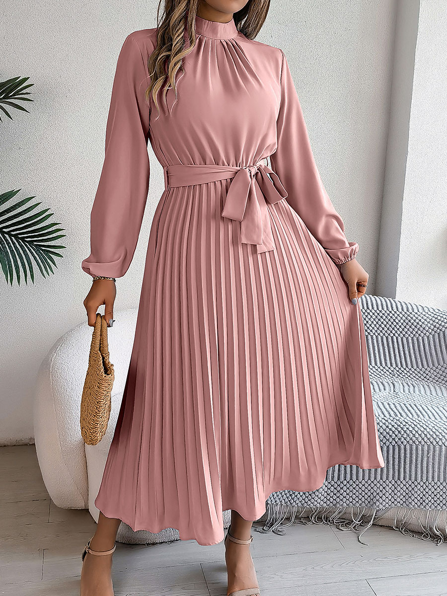 Women's Stand-up Collar Long-sleeved Lace Up Pleated Dress