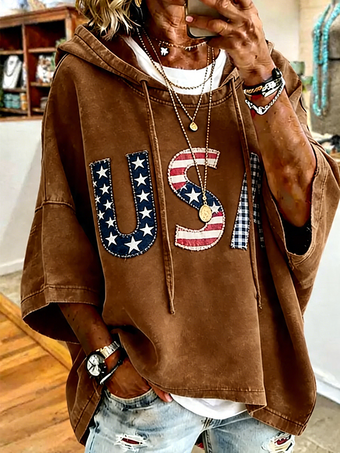 Patriotic Red USA Star Stripe Applique Oversized Hoodie