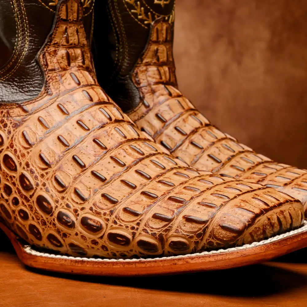 Honey Caiman Hornback Leather Boots - Square Toe