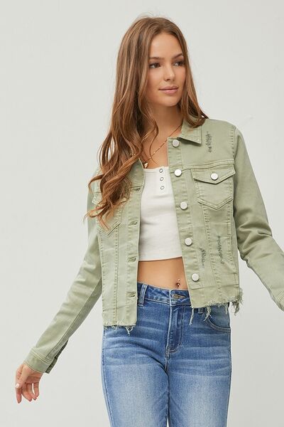 Full Size Raw Hem Button Up Cropped Denim Jacket Plus Size