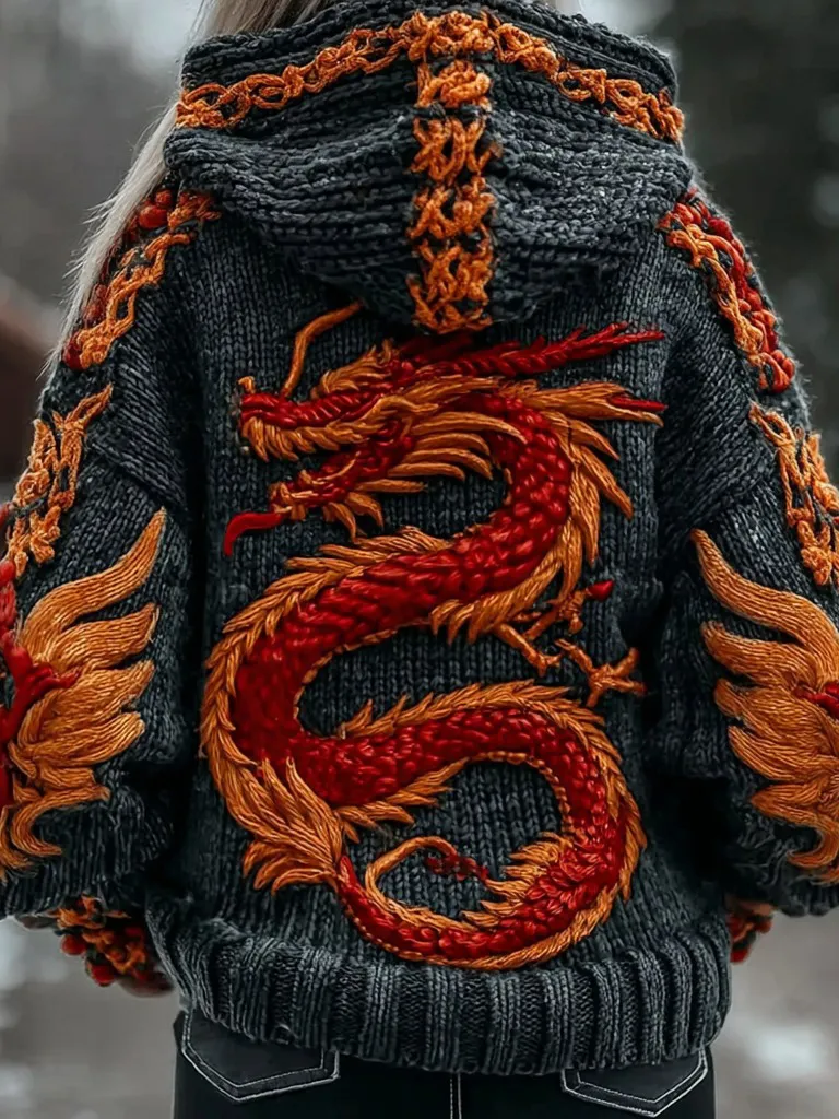 Women's Vintage Viking Celtic Dragon Chunky Hooded Sweater