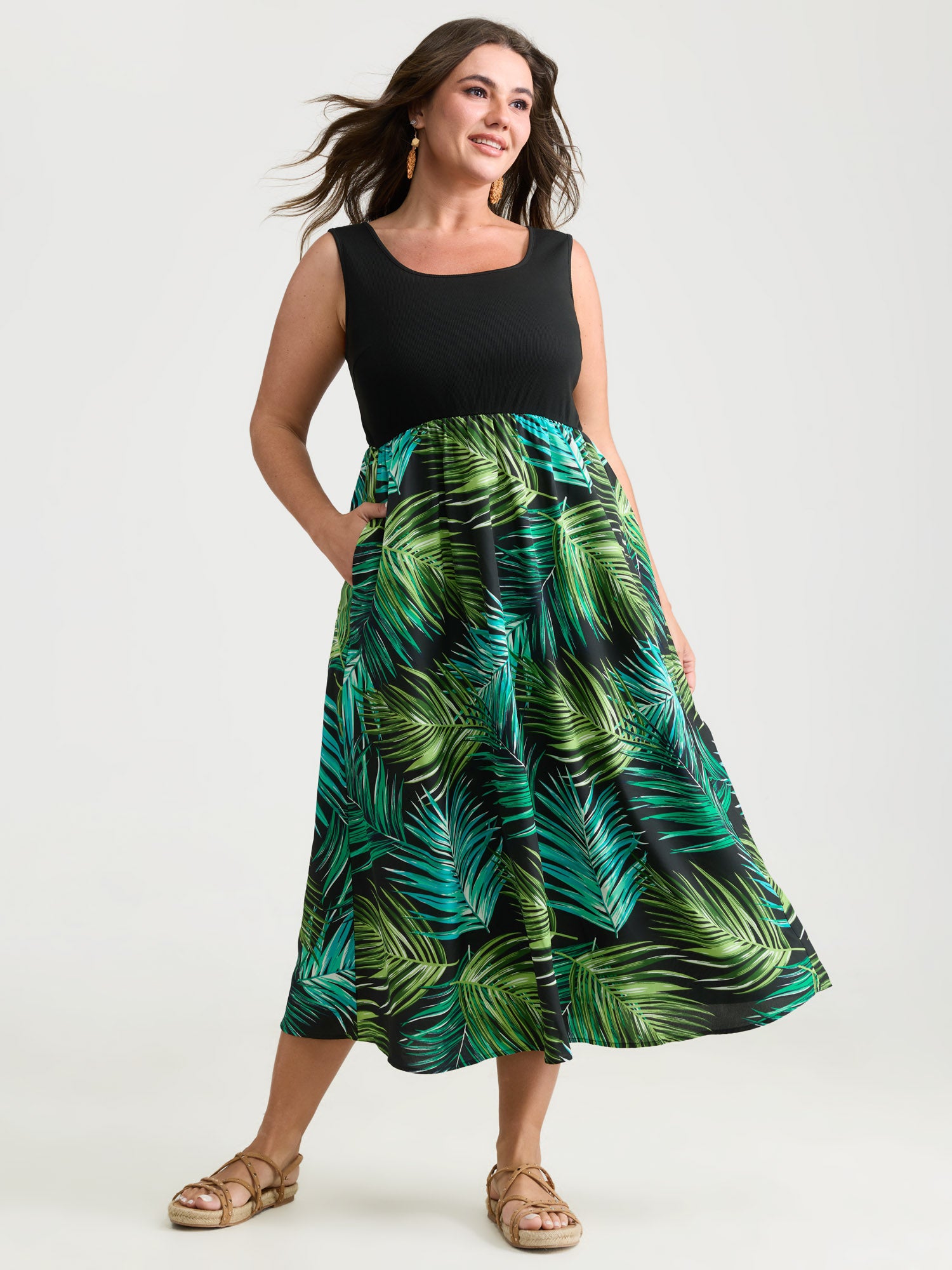 Tropical Palm Print A-Line Midi Dress