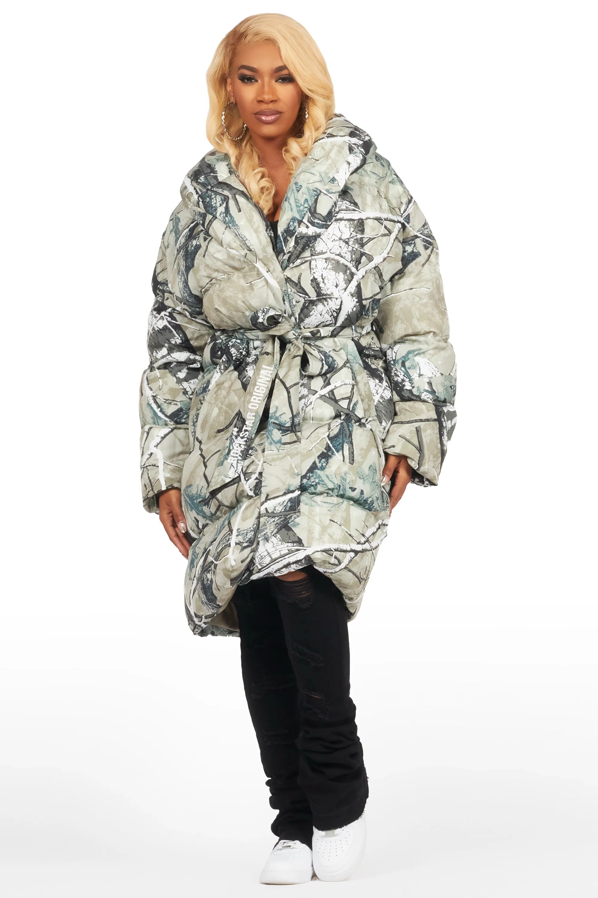 Sehrazat Tree Camo Long Wrap Puffer Jacket