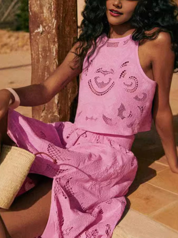 Ladies' New Casual Loose Vacation Irregular Graphic Vest + Skirt Slit Suit