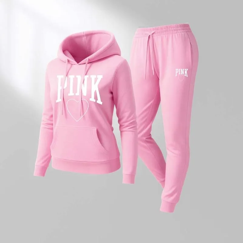 Women's Pink Heart Print Hair And Sunglasses Hoodie And Drawstring Track Pants Set