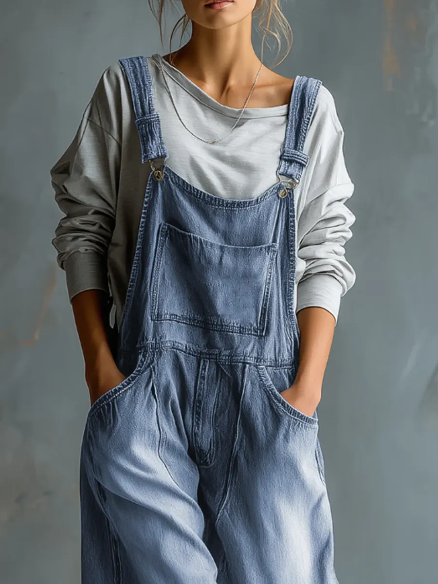 Women's Solid Color Art Casual Denim Jumpsuit