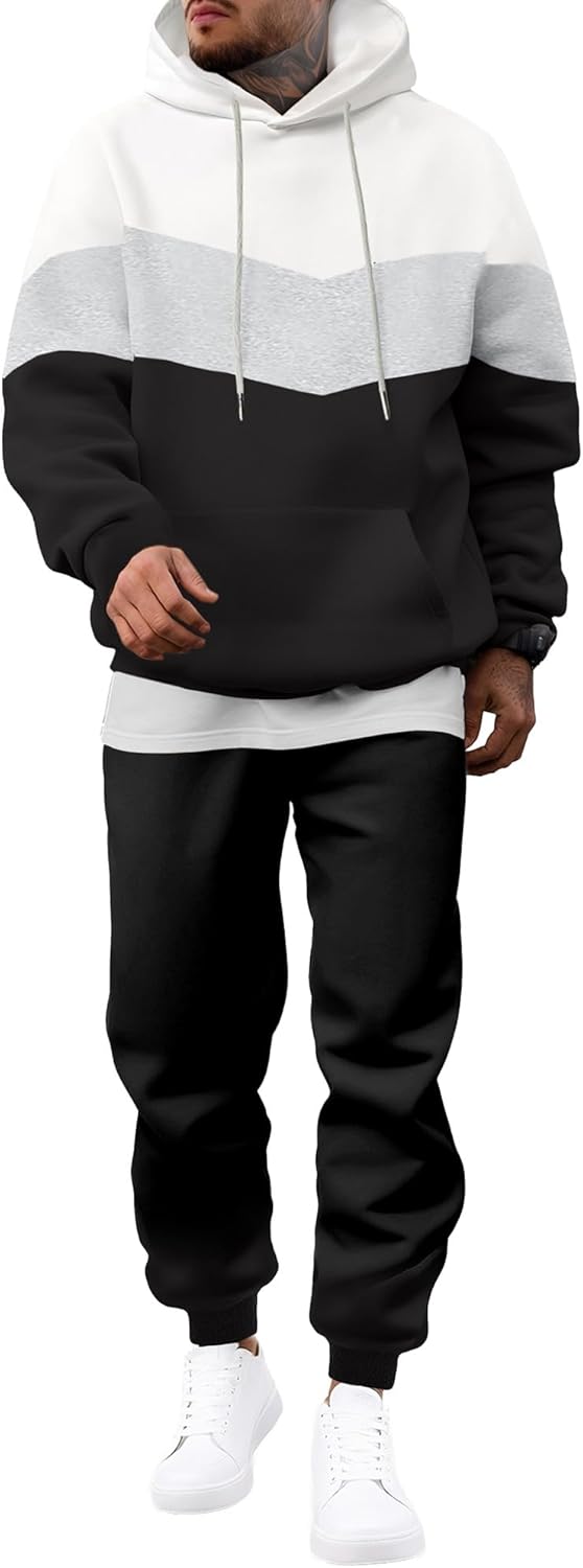 Men's Hoodie Tracksuit 2 Pieces Set Novelty Color Block Pullover Fleece Hoodies Long Sleeve Casual Sweatshirt