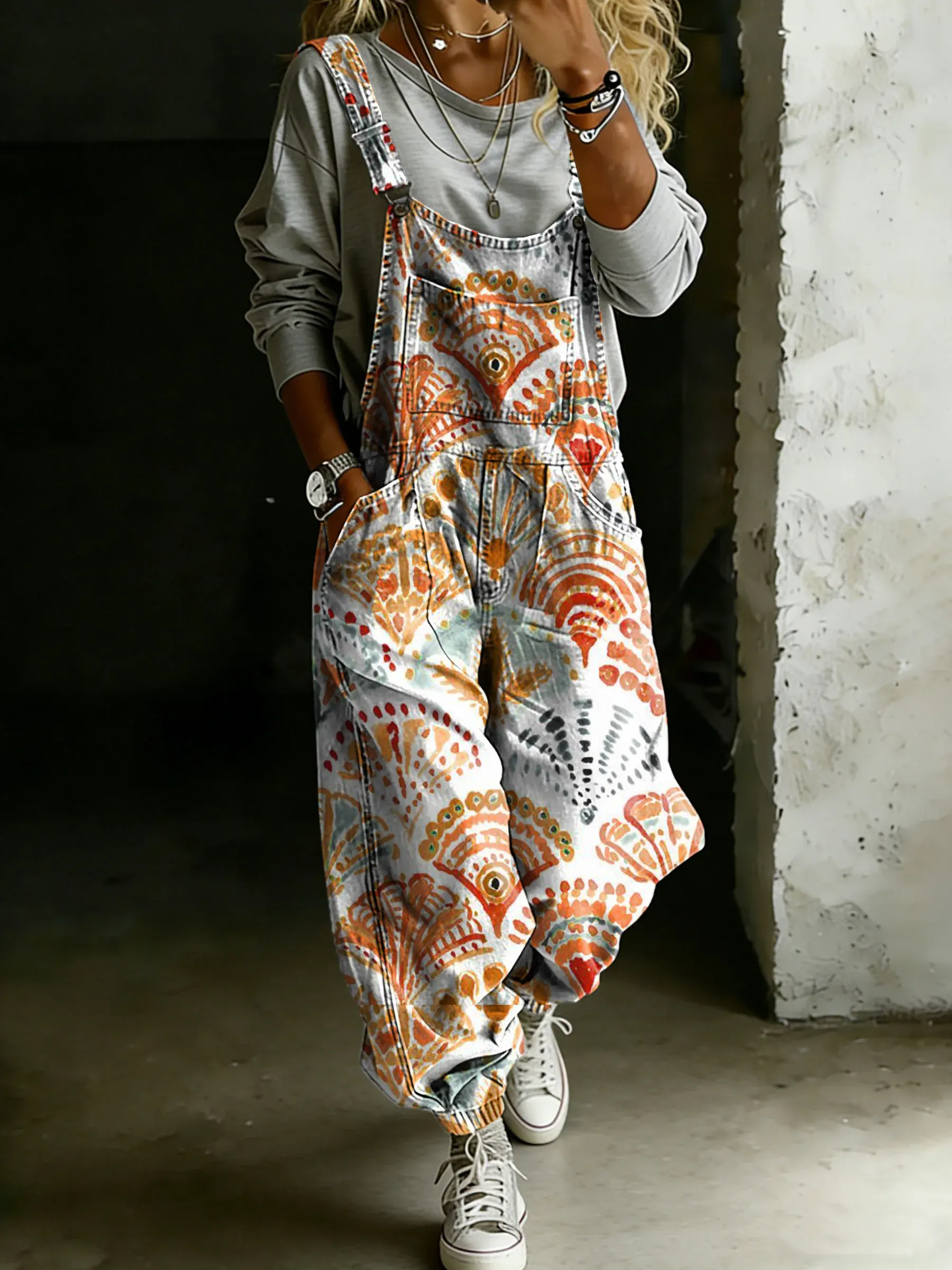 Women’s Vintage Ethnic Totem Art Print Casual One Piece Denim Jumpsuit