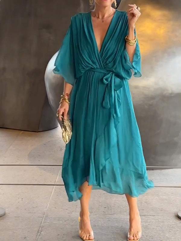 Women Stylish and elegant V-neck chiffon midi dress