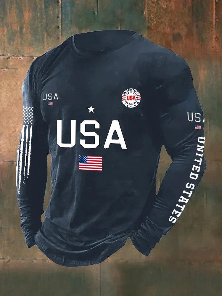 Men'S Retro American Flag Independence Day 250Th Anniversary Commemorative Edition Classic Printed Long Sleeve