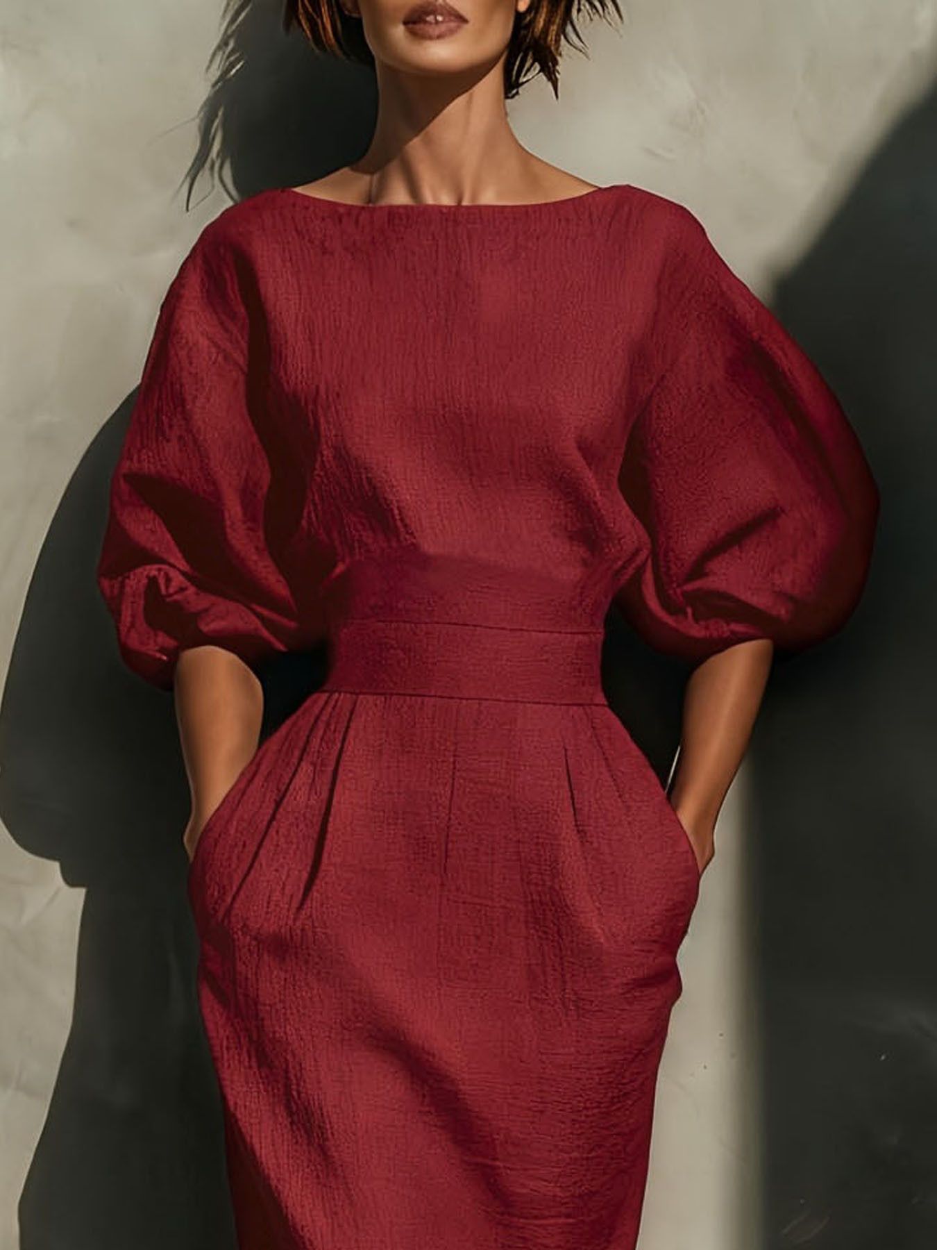 Round Neck Puff Sleeves Midi Dress