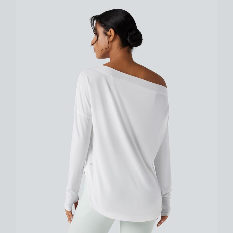 Women’s One-Shoulder Long Sleeve Yoga Top with Built-In Bra