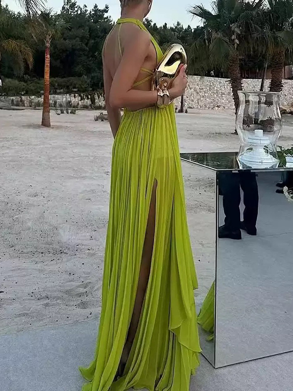 Solid Color Pleated Sleeveless Backless Bandage Pleated Maxi Dresses