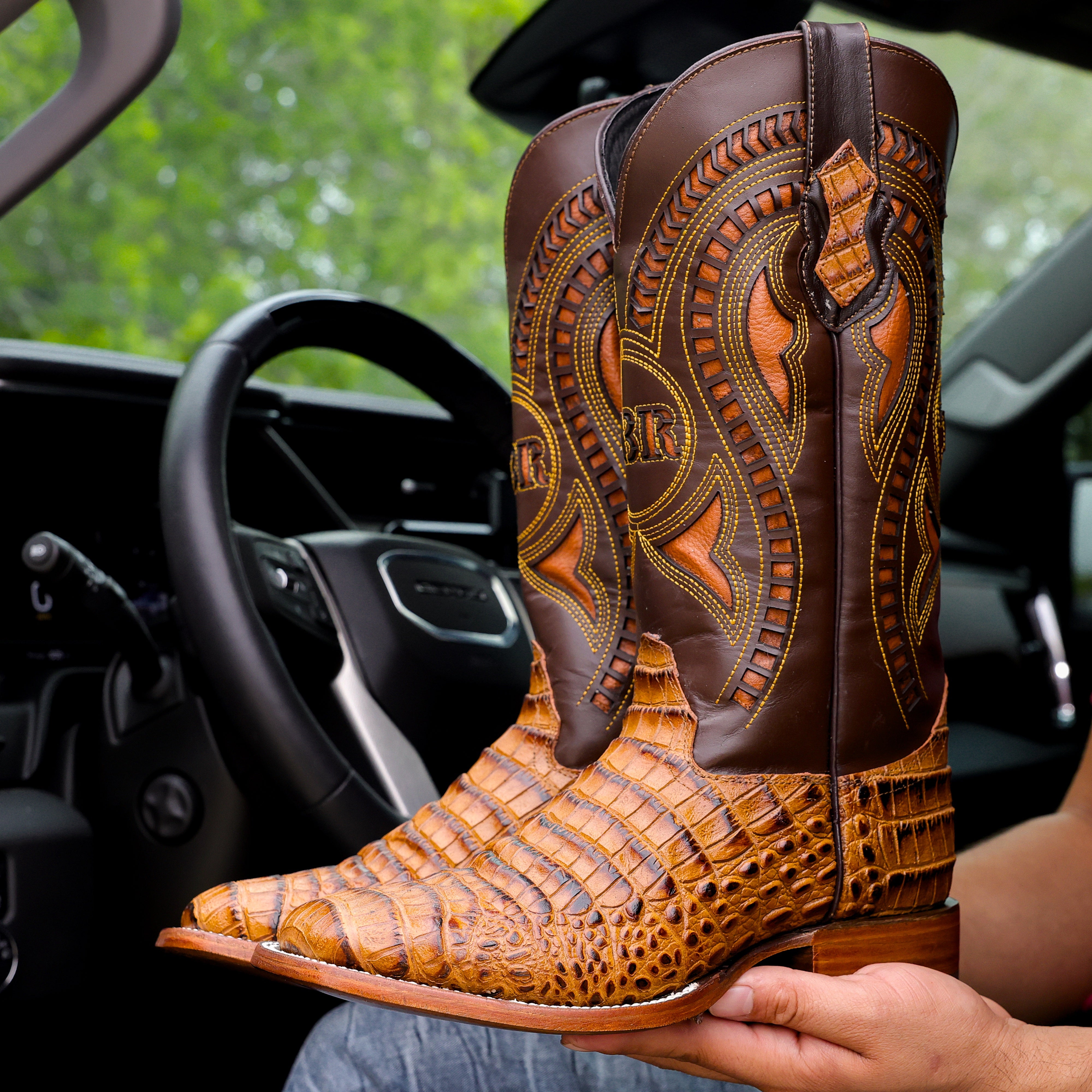 Honey Caiman Belly Leather Boots - Square Toe