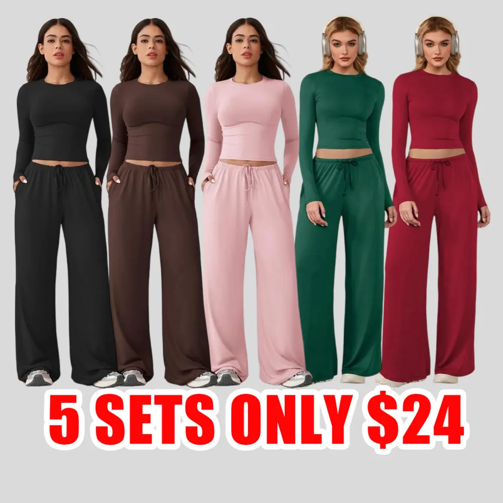 Women’s 2-Piece Activewear Set, Long Sleeve Crop Top & Wide-Leg Pants