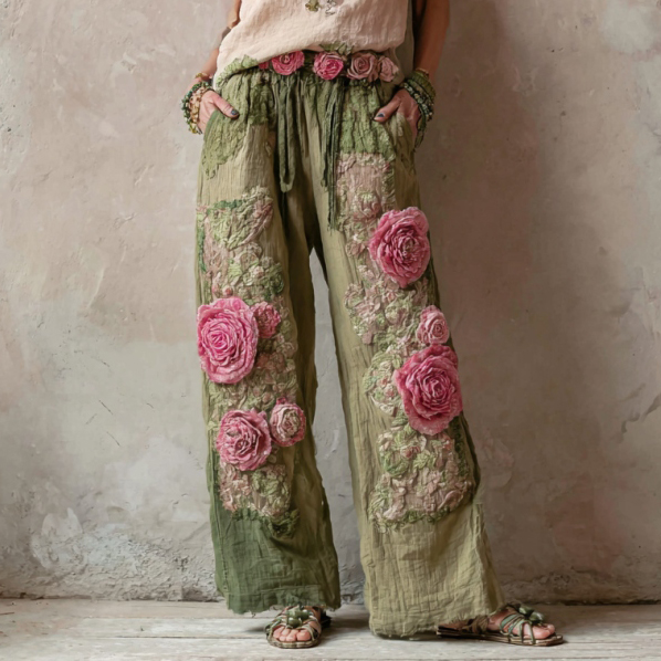 Vintage Floral Embroidered Art Print Straight Leg Linen Blend Pants