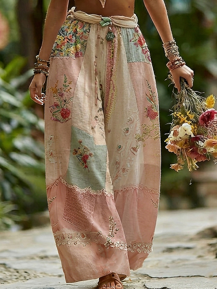 Women's Rose Floral Patchwork Casual Resort Linen Blend Pants
