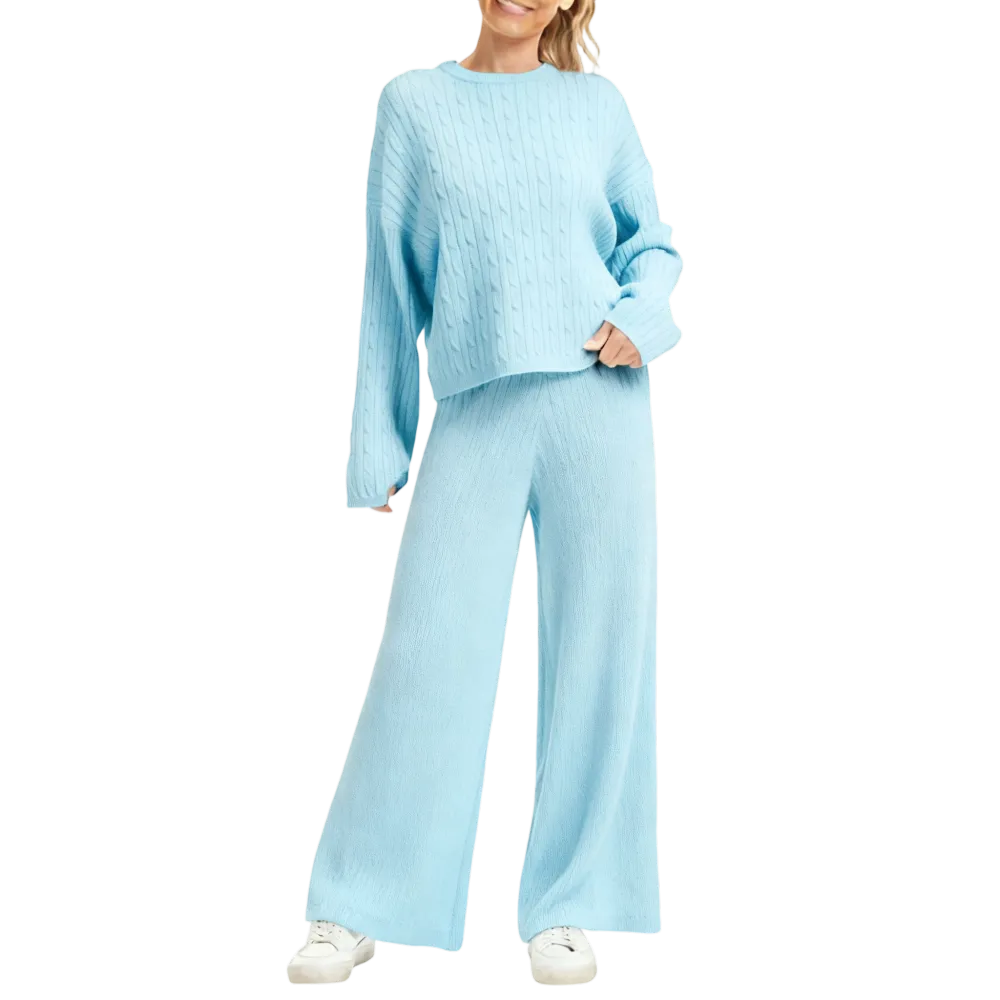 Women's Cable Knit Lounge Set - Long Sleeve Pullover & Wide Leg Pants