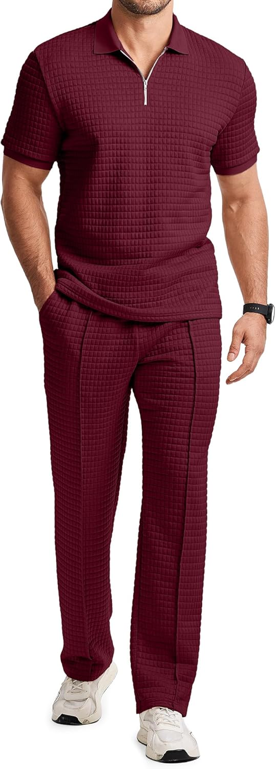 Mens Summer 2 Piece Outfits Short Sets Beach Waffle 1/4 Zip Polo Shirts Casual Loose Pant Loungewear