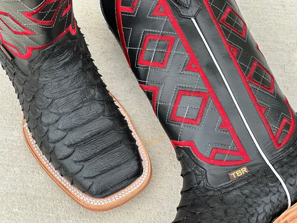 Mens Black Matte Python Leather Boots With Red Embroidery On Shaft