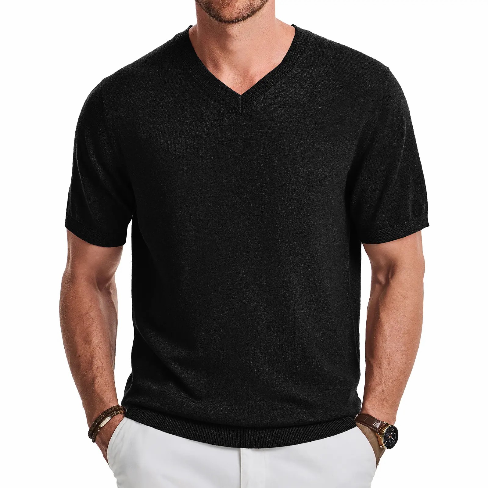 Men's Wool Blend Short Sleeve V-Neck Sweater Soft Textured Knit Pullover for Business Casual Wear