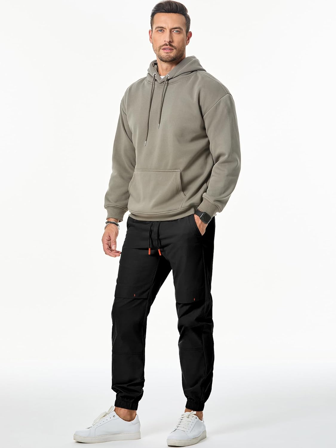 Mens Casual Basic Pants Multi-pocket Slim-fit Stretch Elastic Waist Drawstring Pants Tapered for Men