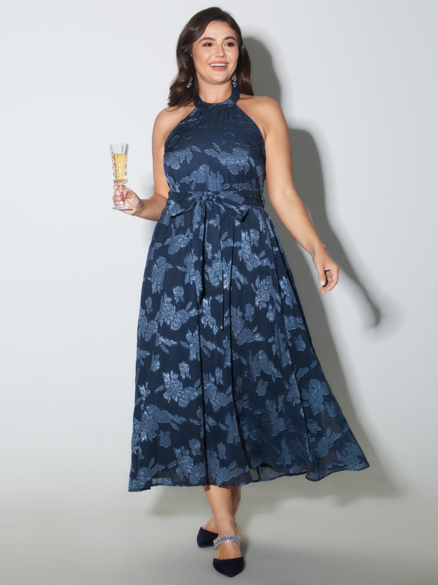 Chiffon Jacquard Halter Neck-Tie Maxi Dress