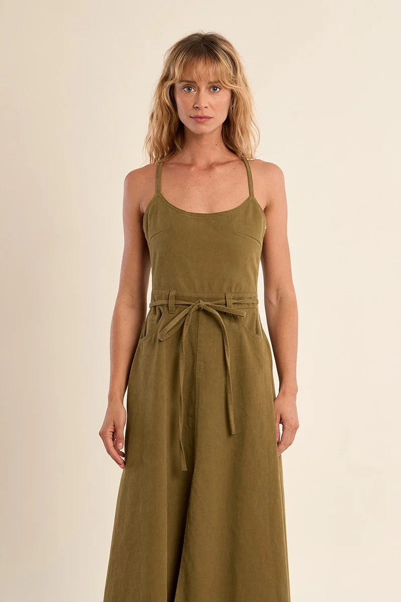 Tie Back Denim Dress in Khaki