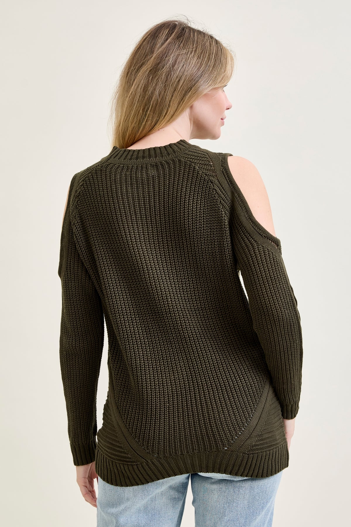 Cold Shoulder Cable Pullover Green Sweater