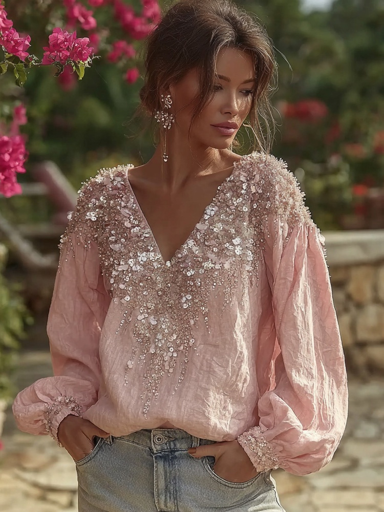 Vintage Boho Glitter Floral Art Comfy Linen Tunic