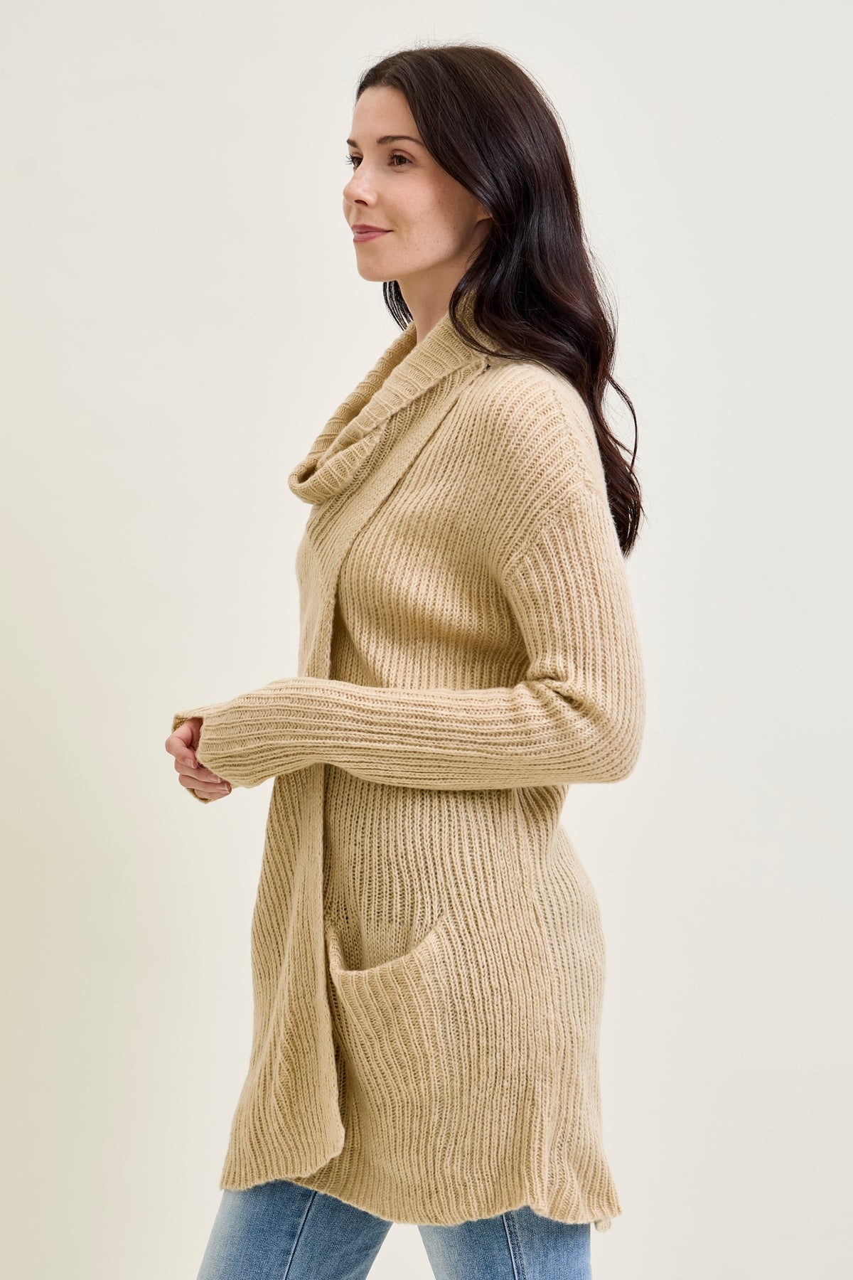 Drape Front Cardigan Beige Sweater