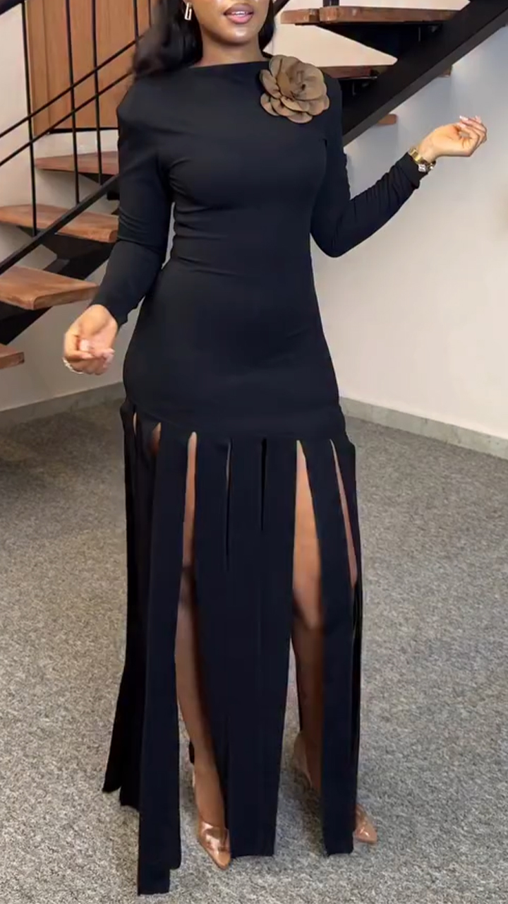 Womens Round Neck Patchwork Tassel Slit Elegant Temperament Dress