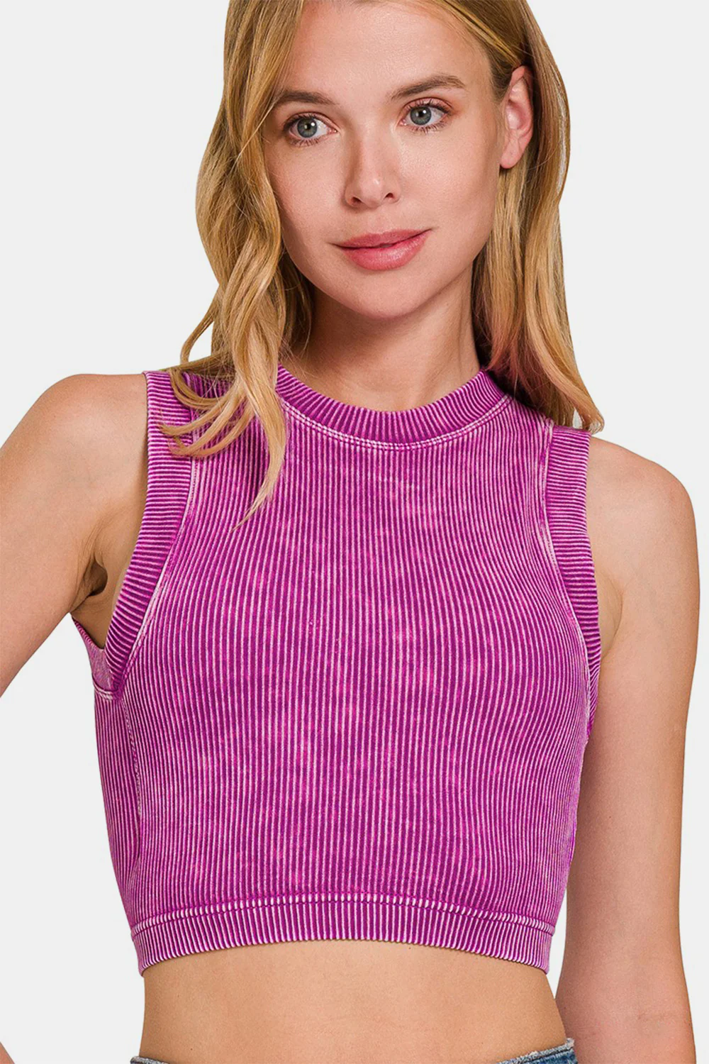Washed Ribbed Seamless Crop Tank with Bra Pad
