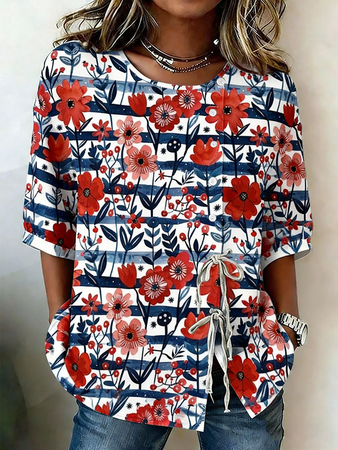 Women'S Patriotic Flower Independence Day Commemorative Printed Casual Shirt