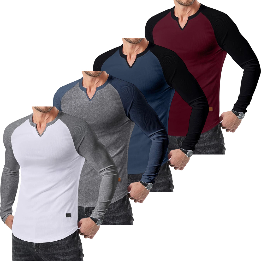 Mens Long Sleeve Muscle T Shirts Casual V-Neck Longline Ribbed Tee Shirts