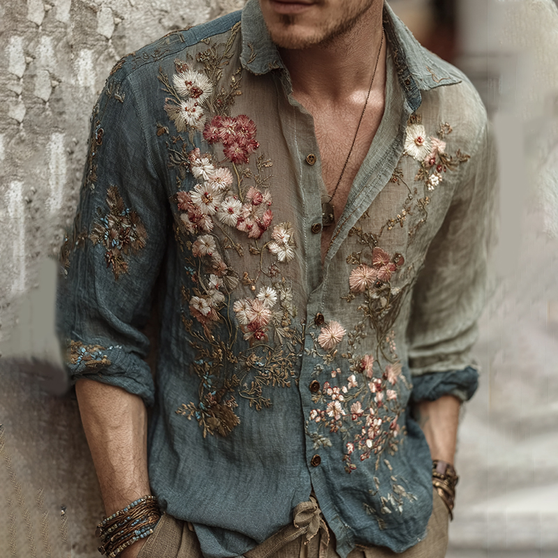 Men's Vintage Flower Embroidery Art Linen Blend Shirt