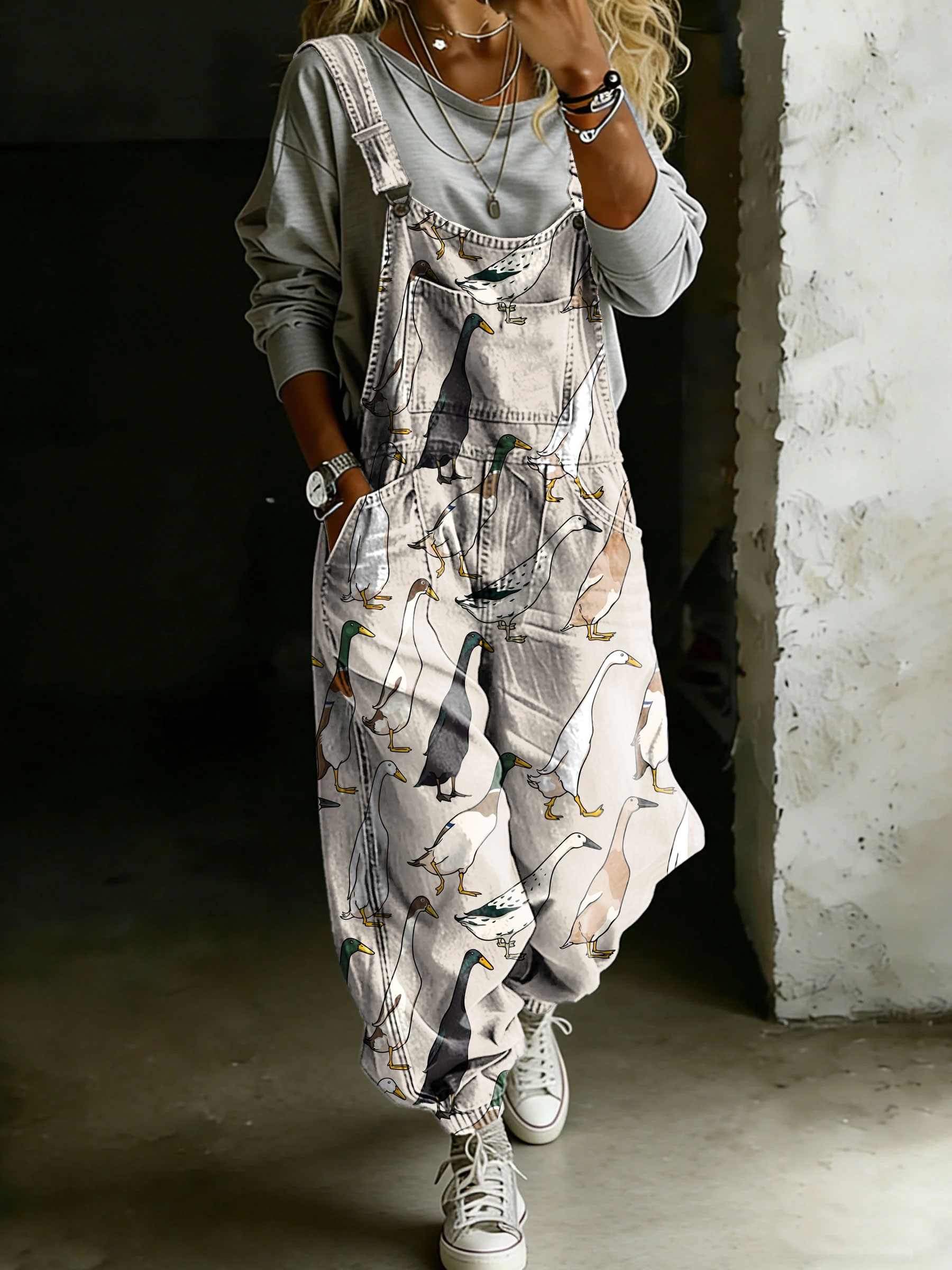 Women’s Duck Farmer Print Casual One Piece Denim Jumpsuit