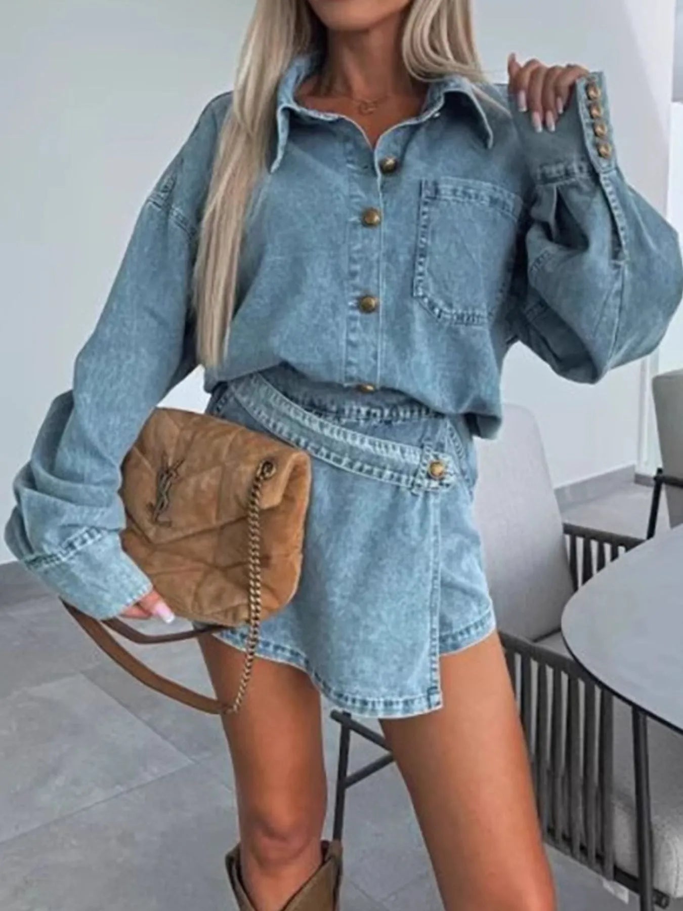Button-Front Shirt and Mini Skirt Oversized Denim Set
